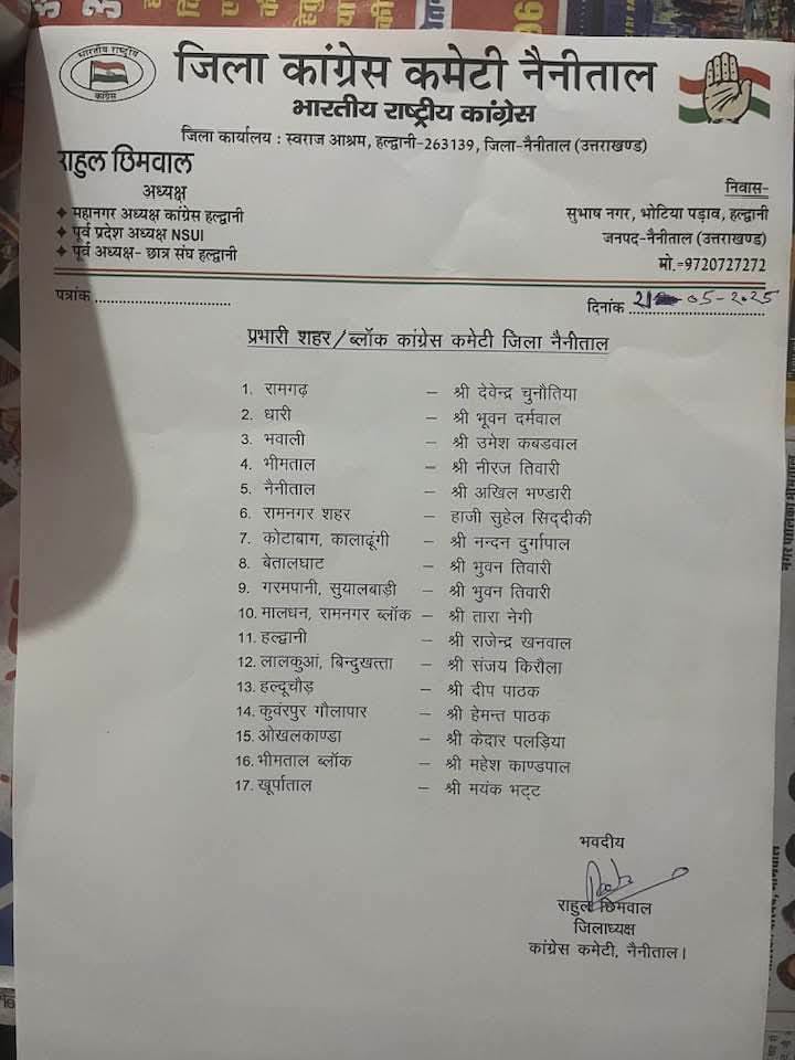 चुनावी तैयारी तेज़: नैनीताल कांग्रेस ने किए ब्लॉक व शहर प्रभारियों के नाम तय